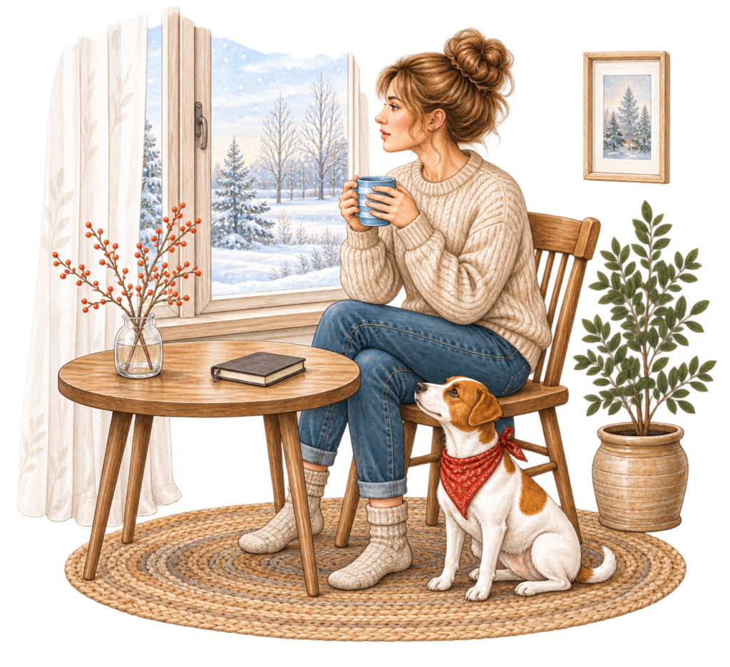 Illustration of Jane and Ellie sitting by a winter window